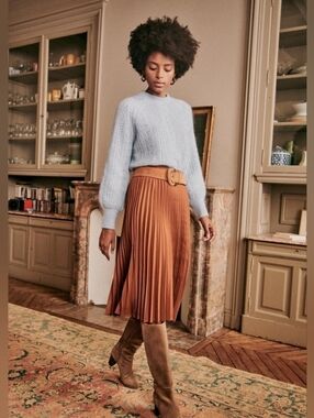 Sézane Dino Pleated Midi Skirt in Noisette (Hazelnut) Size 4